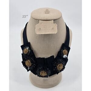 Ann Taylor Statement Necklace – Navy Ribbon Floral Bib, 22" Adjustable